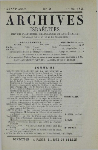Archives israélites de France. Vol.36 N°09 (01 mai 1875)